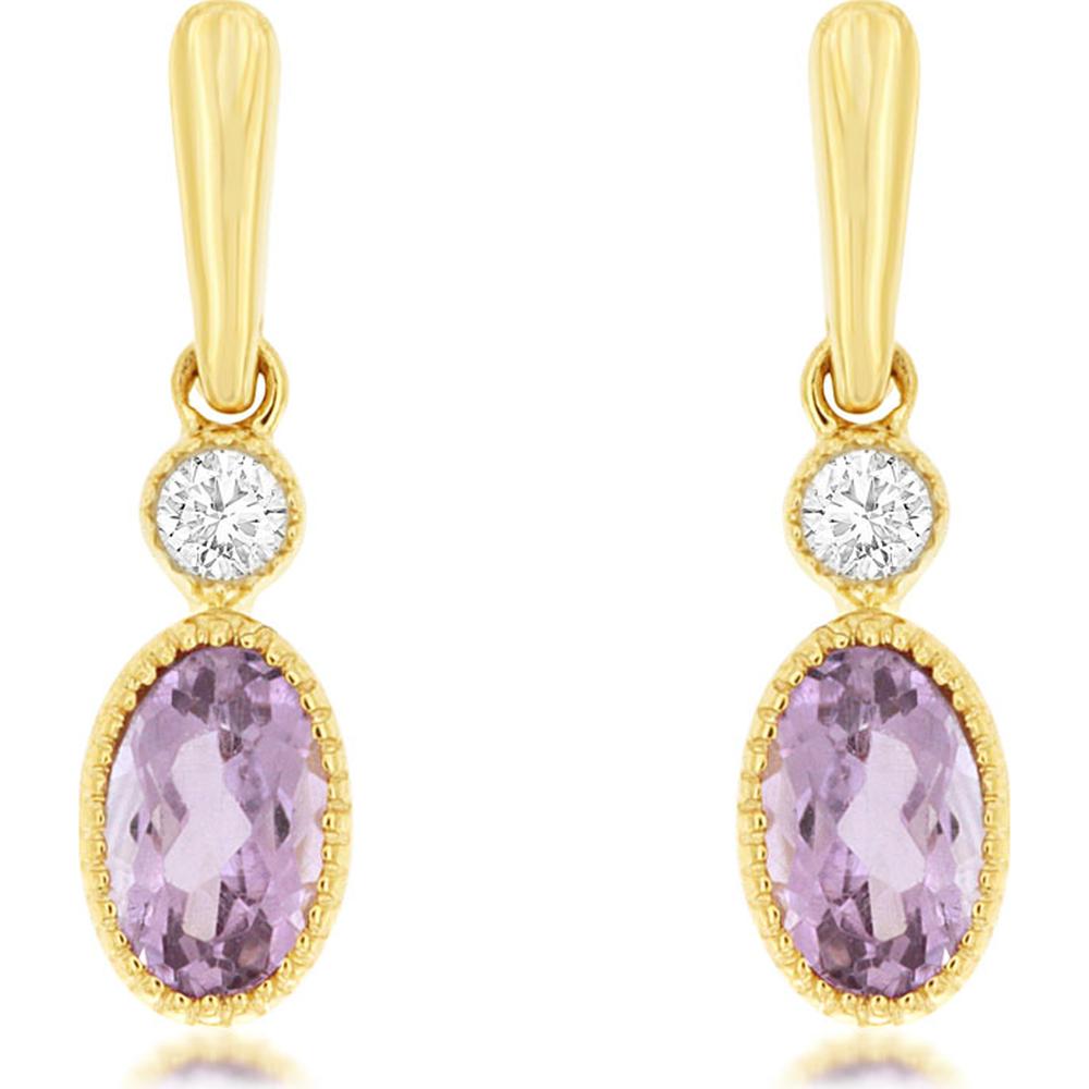 14K Yellow Gold Vintage-Style Drop Earrings with Oval Amethyst and Round Diamond Accent - 0.25 Carat Total Amethyst Weight, 0.05 Carat Total Diamond Weight - Royal Jewelry