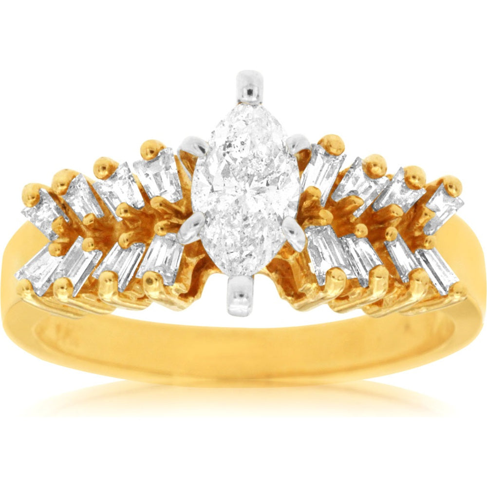14K Yellow Gold Vintage-Style Engagement Ring with 0.52 Carat Marquise Center Diamond and 0.70 Carat Baguette Side Diamonds - 1.22 Carat Total Diamond Weight - Royal Jewelry