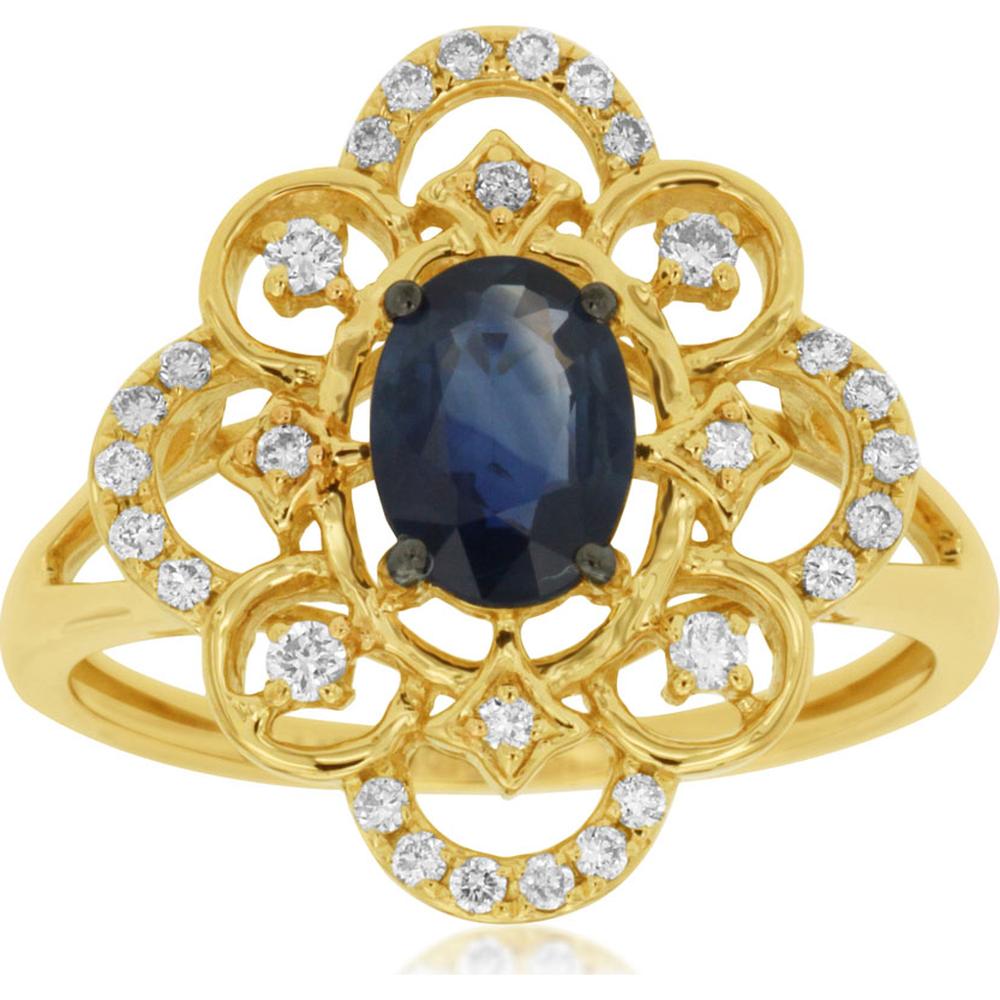 14K Yellow Gold Vintage Style Filigree Ring with 0.98 Carat Oval Sapphire and 0.22 Carat Diamond Accents - Royal Jewelry