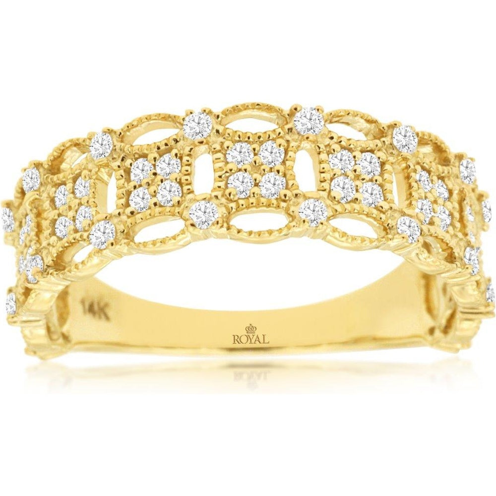 14K Yellow Gold Vintage-Style Openwork Wedding Band with Milgrain Detailing and Prong-Set Round Diamonds - 0.38 Carat Total Diamond Weight - Royal Jewelry