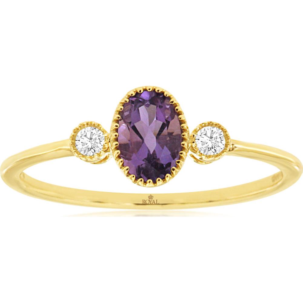 14K Yellow Gold Vintage-Style Three-Stone Ring with Oval Amethyst and Round Diamond Accents - 0.40 Carat Amethyst, 0.06 Carat Total Diamond Weight - Royal Jewelry