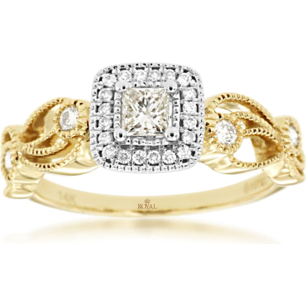 14K Yellow Gold Vintage Twisted Engagement Ring with Princess-Cut Diamond Halo and Milgrain Detail - 0.40 Carat Total Diamond Weight - Royal Jewelry
