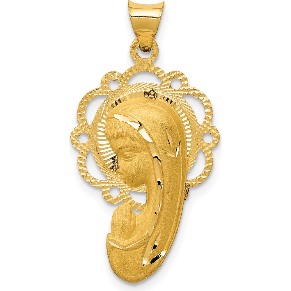 14K Yellow Gold Virgin Mary Diamond-Cut Scalloped Edge Pendant - 30mm Length by Oro Pregiato