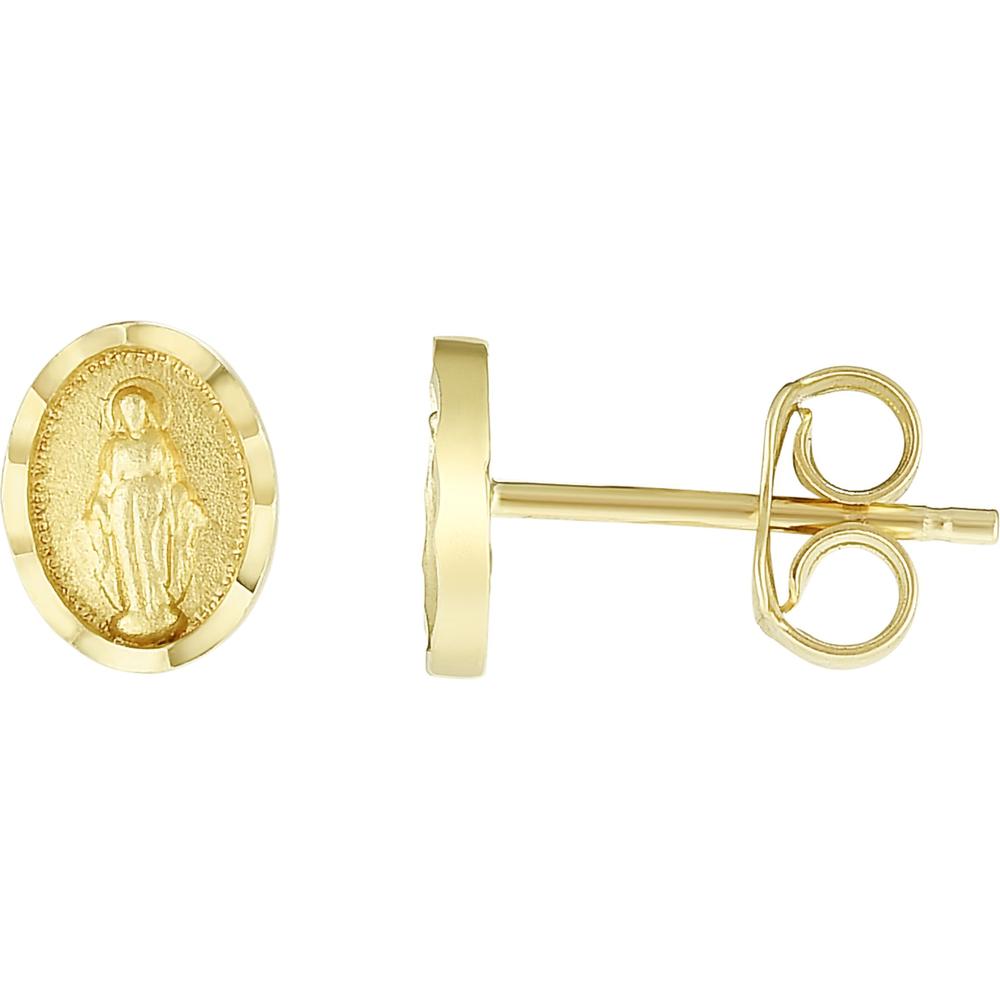 14K Yellow Gold Virgin Mary Stud Earrings with Diamond-Cut Finish - 7.5x6mm by Orozza Fine Jewelry