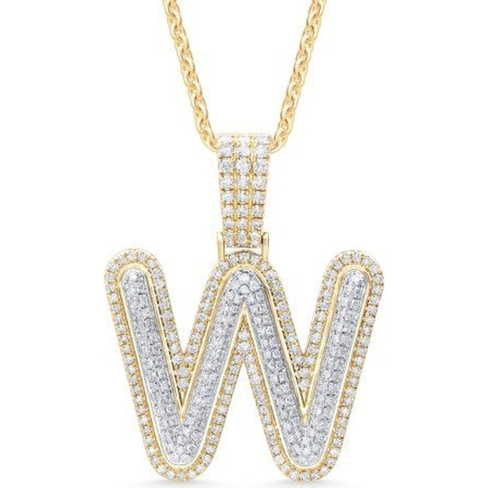 14K Yellow Gold "W" Initial Pendant with Pave Set Round Diamonds - 1.66 Carat Total Diamond Weight by Auriventus