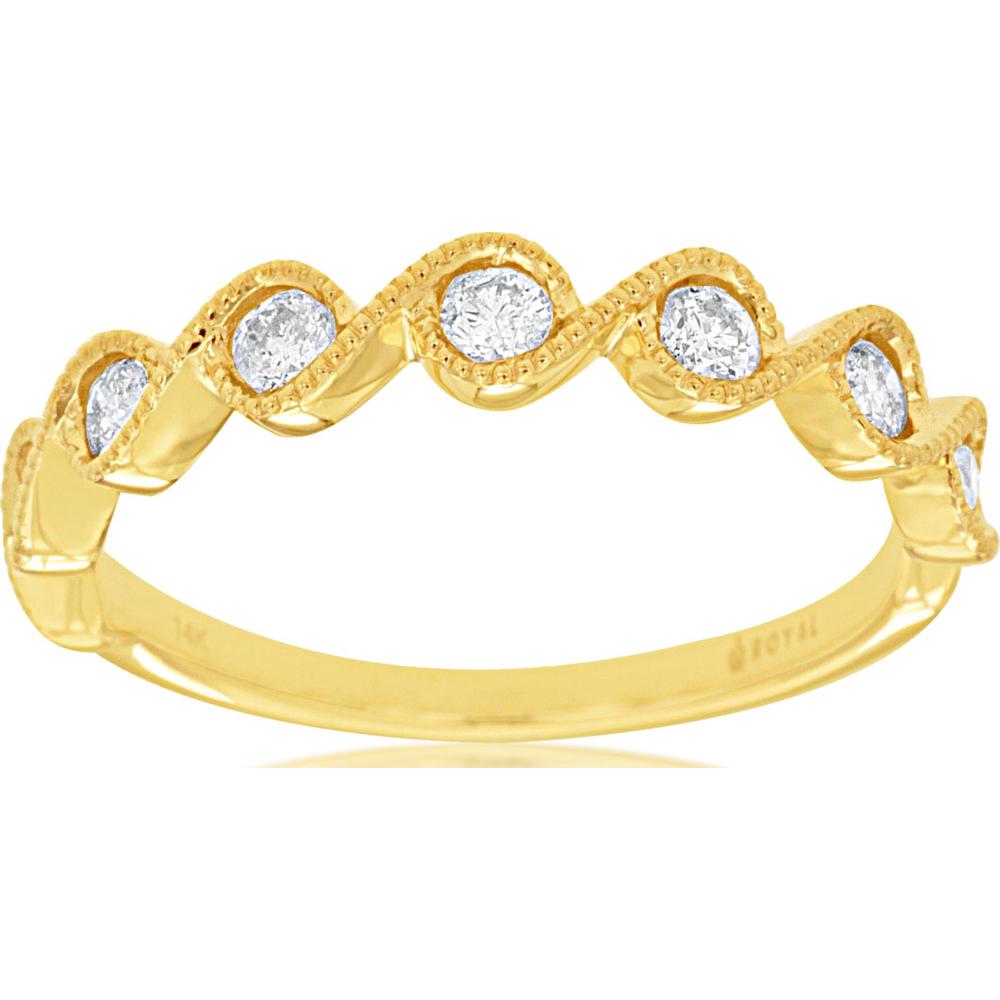 14K Yellow Gold Wave Band with Milgrain Bezel-Set Round Diamonds - 0.33 Carat Total Diamond Weight - Royal Jewelry