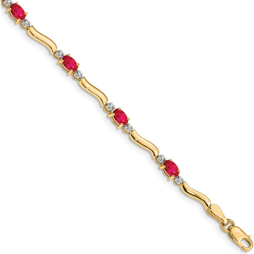 14K Yellow Gold Wavy Link Bracelet with Oval Rubies and Round Diamonds - 0.32 Carats Ruby, 0.16 Carats Diamond Total Carat Weight by Oro Pregiato