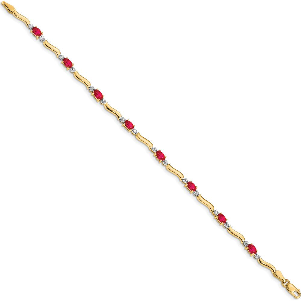 14K Yellow Gold Wavy Link Bracelet with Oval Rubies and Round Diamonds - 0.32 Carats Ruby, 0.16 Carats Diamond Total Carat Weight by Oro Pregiato