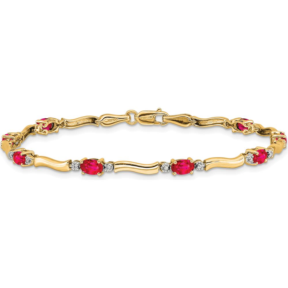 14K Yellow Gold Wavy Link Bracelet with Oval Rubies and Round Diamonds - 0.32 Carats Ruby, 0.16 Carats Diamond Total Carat Weight by Oro Pregiato