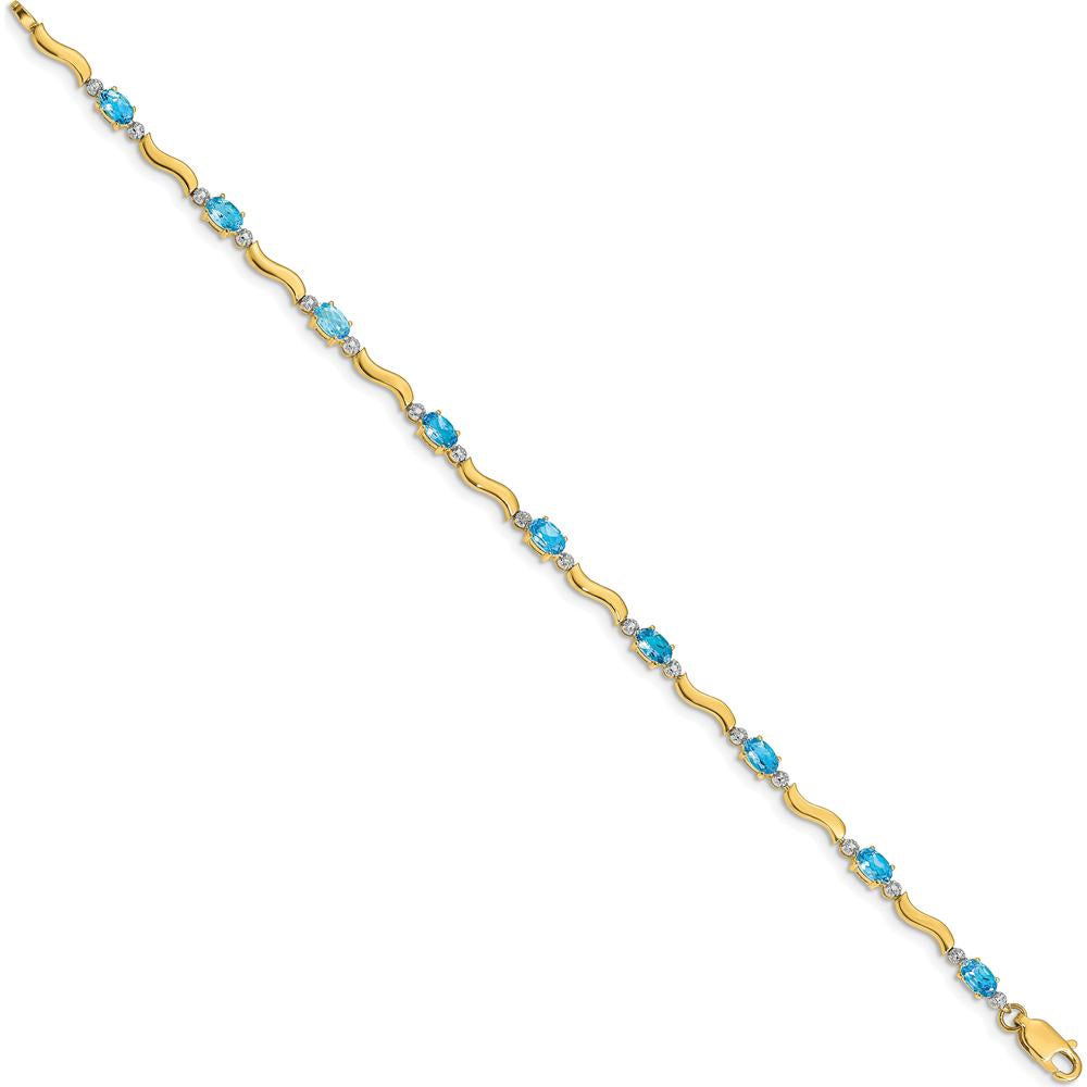 14K Yellow Gold Wavy Link Bracelet with Oval Swiss Blue Topaz and Diamonds - 0.30 Carats Total Gem Weight by Monteluci Fine Jewelry