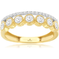 14K Yellow Gold Wedding Band with Beaded Bezel Set Round Diamonds and White Gold Diamond Accent Row - 0.60 Carat Total Diamond Weight - Royal Jewelry