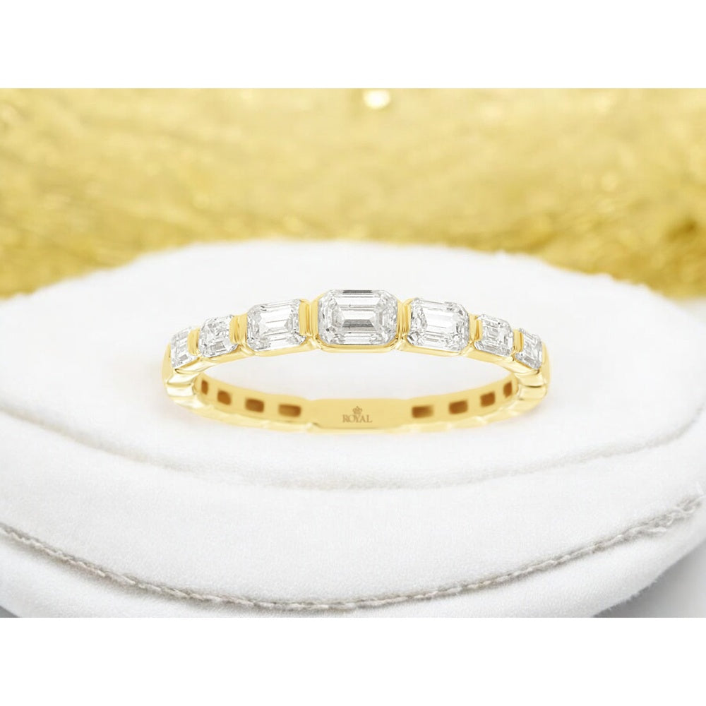 14K Yellow Gold Wedding Band with Bezel Set Emerald Cut and Graduated Baguette Diamonds - 0.85 Carat Total Diamond Weight - Royal Jewelry