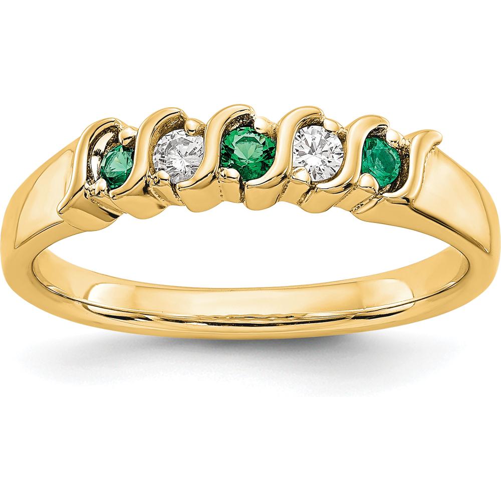 14K Yellow Gold Wedding Band with Channel-Set Round Diamonds and Emeralds - 0.10 Carat Total Gem Weight by 0