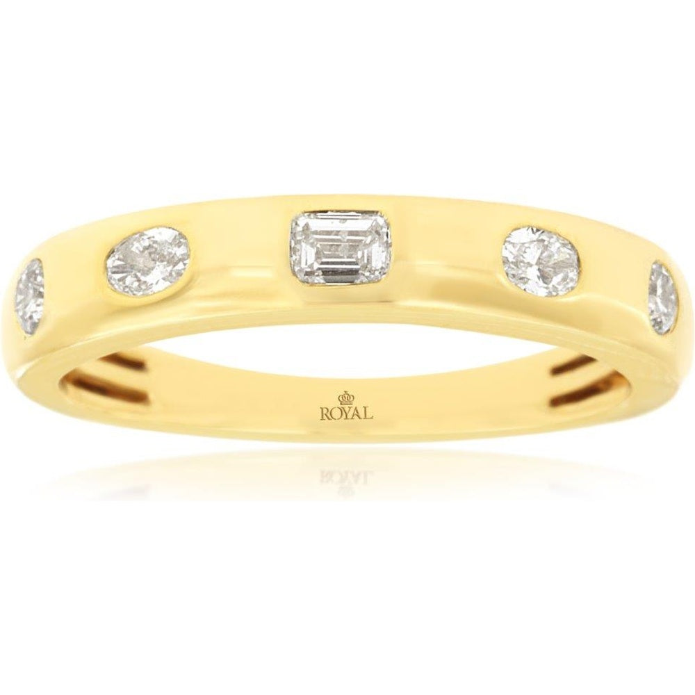 14K Yellow Gold Wedding Band with Flush-Set Emerald Cut and Round Diamonds - 0.50 Carat Total Diamond Weight - Royal Jewelry