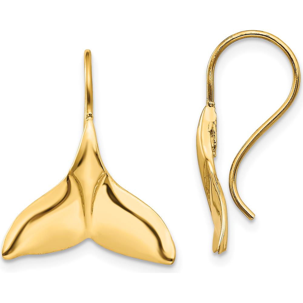 14K Yellow Gold Whale Tail Drop Earrings - Polished Finish, 29mm Length by 0