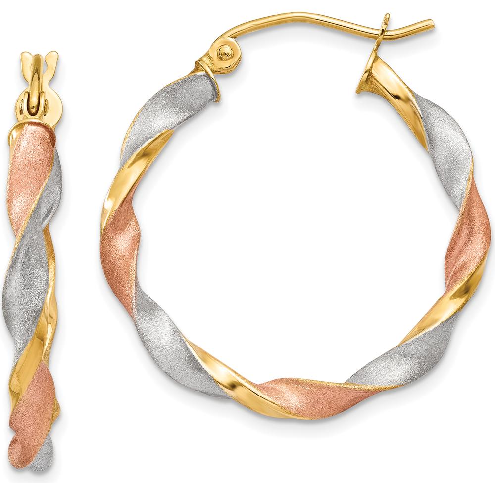 14K Yellow Gold White & Rose Rhodium Satin Twisted Hoop Earrings - 28mm Length by 0