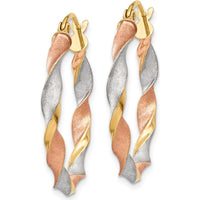14K Yellow Gold White & Rose Rhodium Satin Twisted Hoop Earrings - 28mm Length by 0