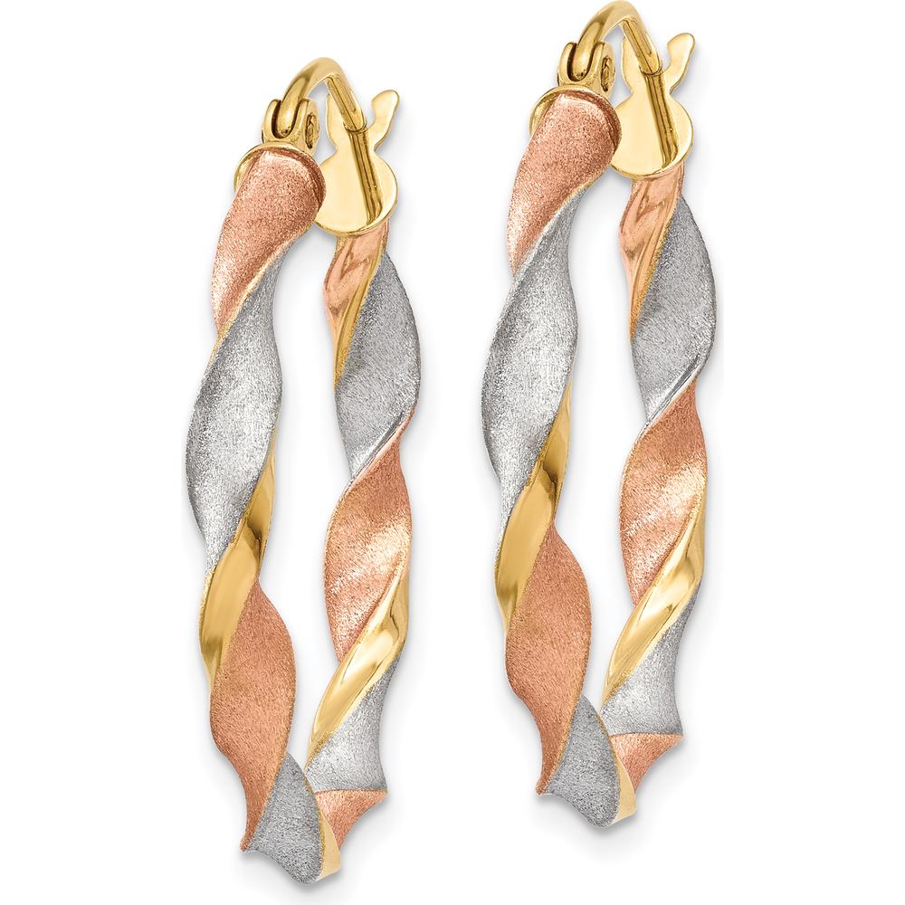 14K Yellow Gold White & Rose Rhodium Satin Twisted Hoop Earrings - 28mm Length by 0