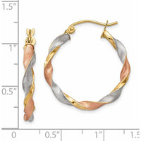 14K Yellow Gold White & Rose Rhodium Satin Twisted Hoop Earrings - 28mm Length by 0