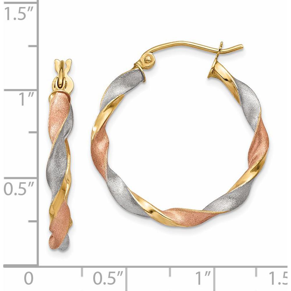14K Yellow Gold White & Rose Rhodium Satin Twisted Hoop Earrings - 28mm Length by 0