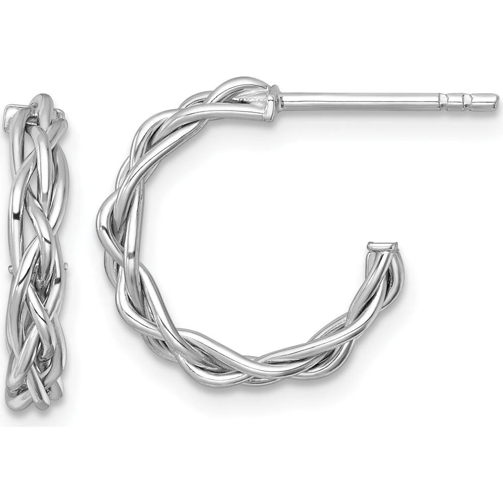 14K Yellow Gold White Rhodium-Plated Polished Woven Braided C-Hoop Earrings - 15mm by 0