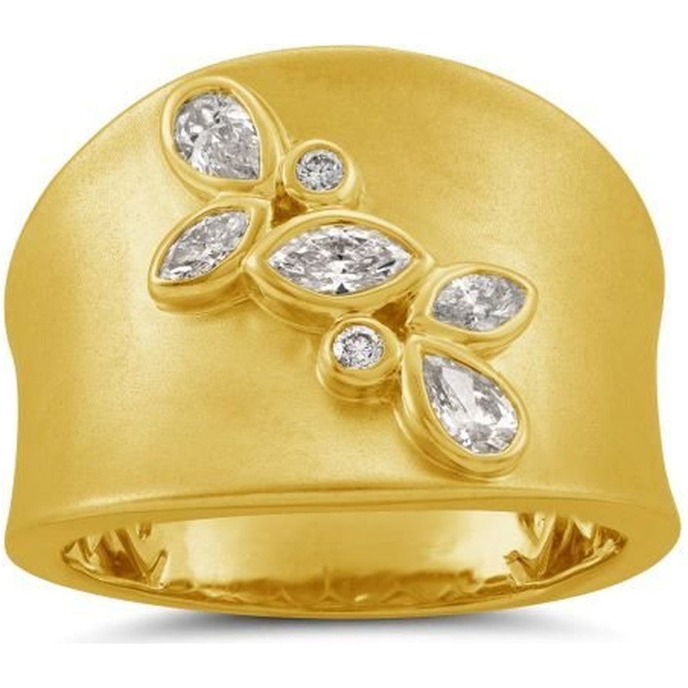 14K Yellow Gold Wide Band Fashion Ring with Bezel Set Marquise, Pear, and Round Diamonds - 0.48 Carat Total Diamond Weight by Auriventus