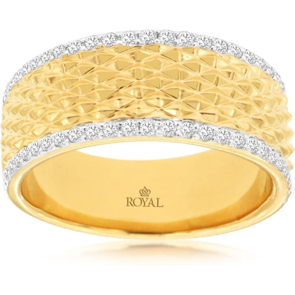 14K Yellow Gold Wide Band Ring with Lattice Texture and Round Diamond Borders - 0.33 Carat Total Diamond Weight - Royal Jewelry