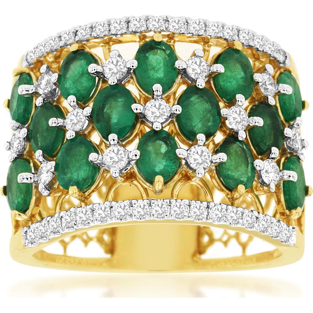 14K Yellow Gold Wide Band Ring with Multiple Oval Emeralds and Round Diamond Accents - 2.30 Carat Total Emerald Weight and 0.56 Carat Total Diamond Weight - Royal Jewelry