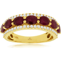 14K Yellow Gold Wide Band Ring with Oval Rubies and Pavé Diamond Borders - 2.30 Carat Ruby and 0.33 Carat Diamond Total Weight - Royal Jewelry