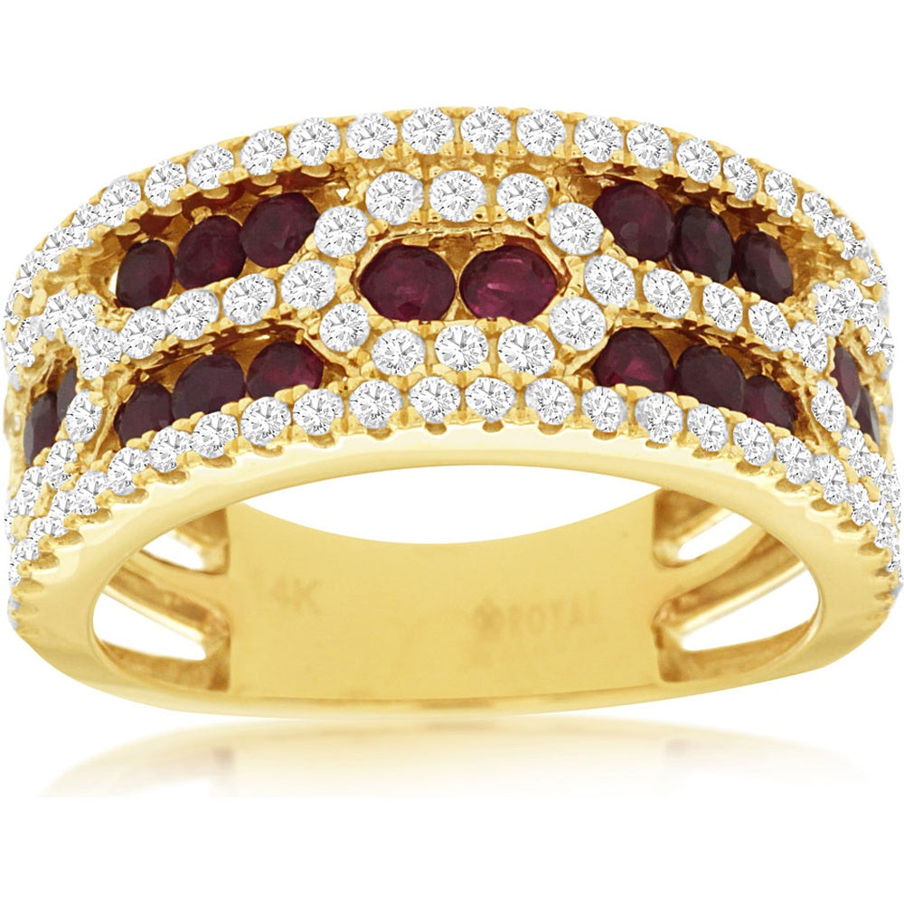 14K Yellow Gold Wide Band Ring with Prong-Set Round Diamonds and Round Rubies - 0.85 Carat Total Diamond Weight and 0.81 Carat Total Ruby Weight - Royal Jewelry