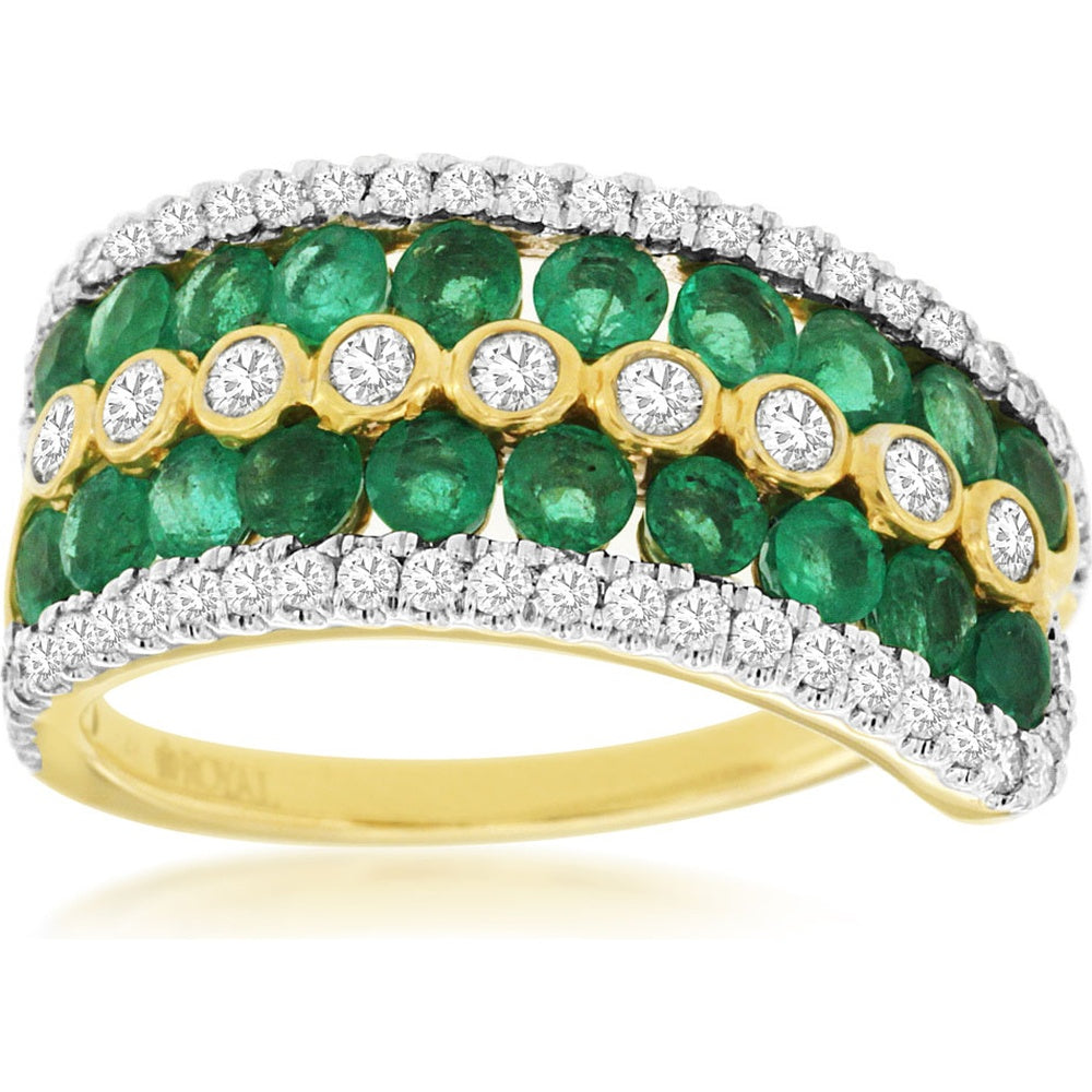 14K Yellow Gold Wide Band Ring with Round Emeralds and Bezel-Set Diamonds - 1.40 Carat Total Emerald Weight and 0.54 Carat Total Diamond Weight - Royal Jewelry