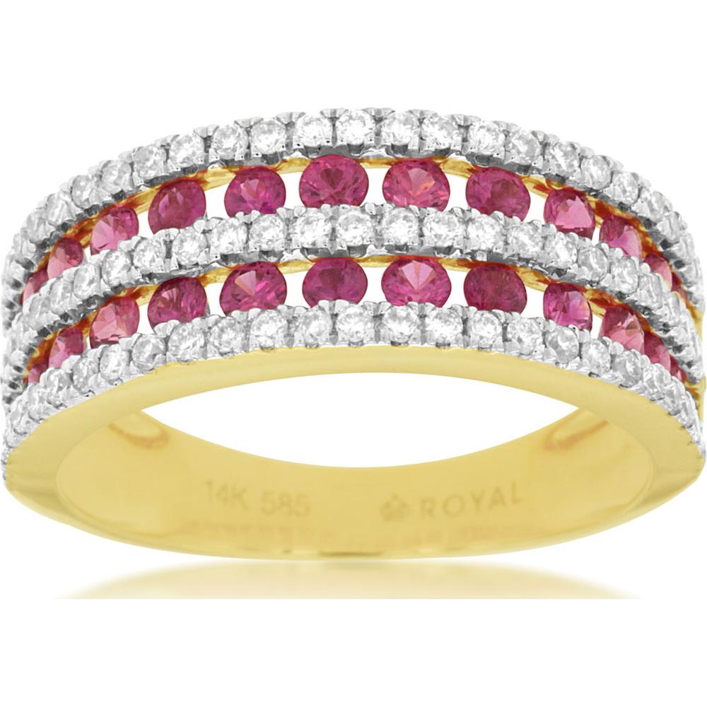 14K Yellow Gold Wide Band Ring with Round Rubies and Diamond Rows - 1.00 Carat Ruby and 0.55 Carat Total Diamond Weight - Royal Jewelry