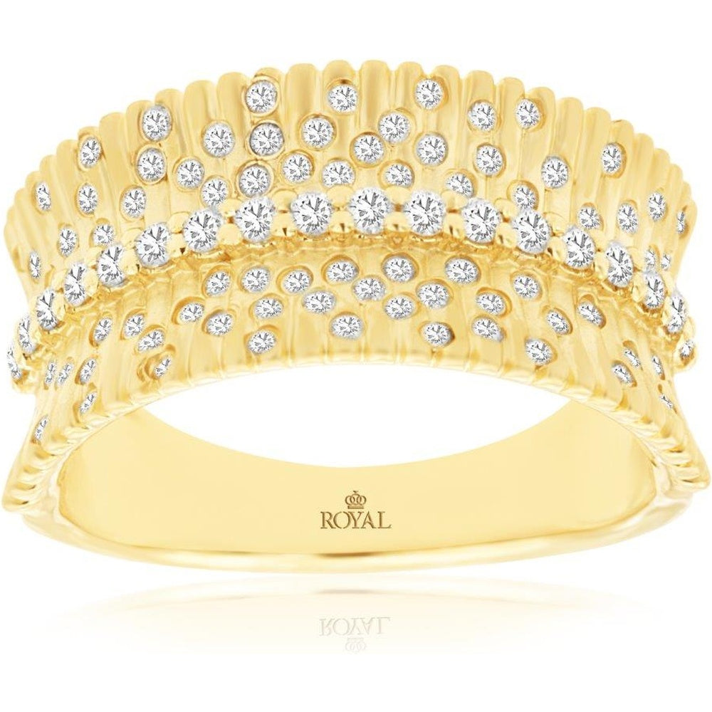 14K Yellow Gold Wide Fluted Band Ring with Flush-Set Round Diamonds - 0.55 Carat Total Diamond Weight - Royal Jewelry
