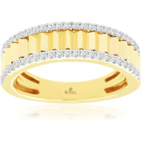 14K Yellow Gold Wide Ribbed Wedding Band with Pavé Set Round Diamonds - 0.35 Carat Total Diamond Weight - Royal Jewelry