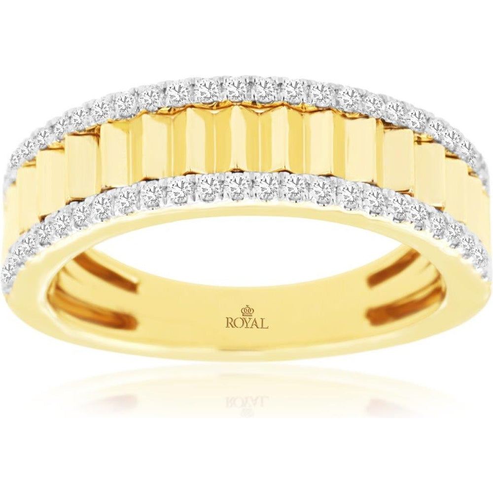 14K Yellow Gold Wide Ribbed Wedding Band with Pavé Set Round Diamonds - 0.35 Carat Total Diamond Weight - Royal Jewelry