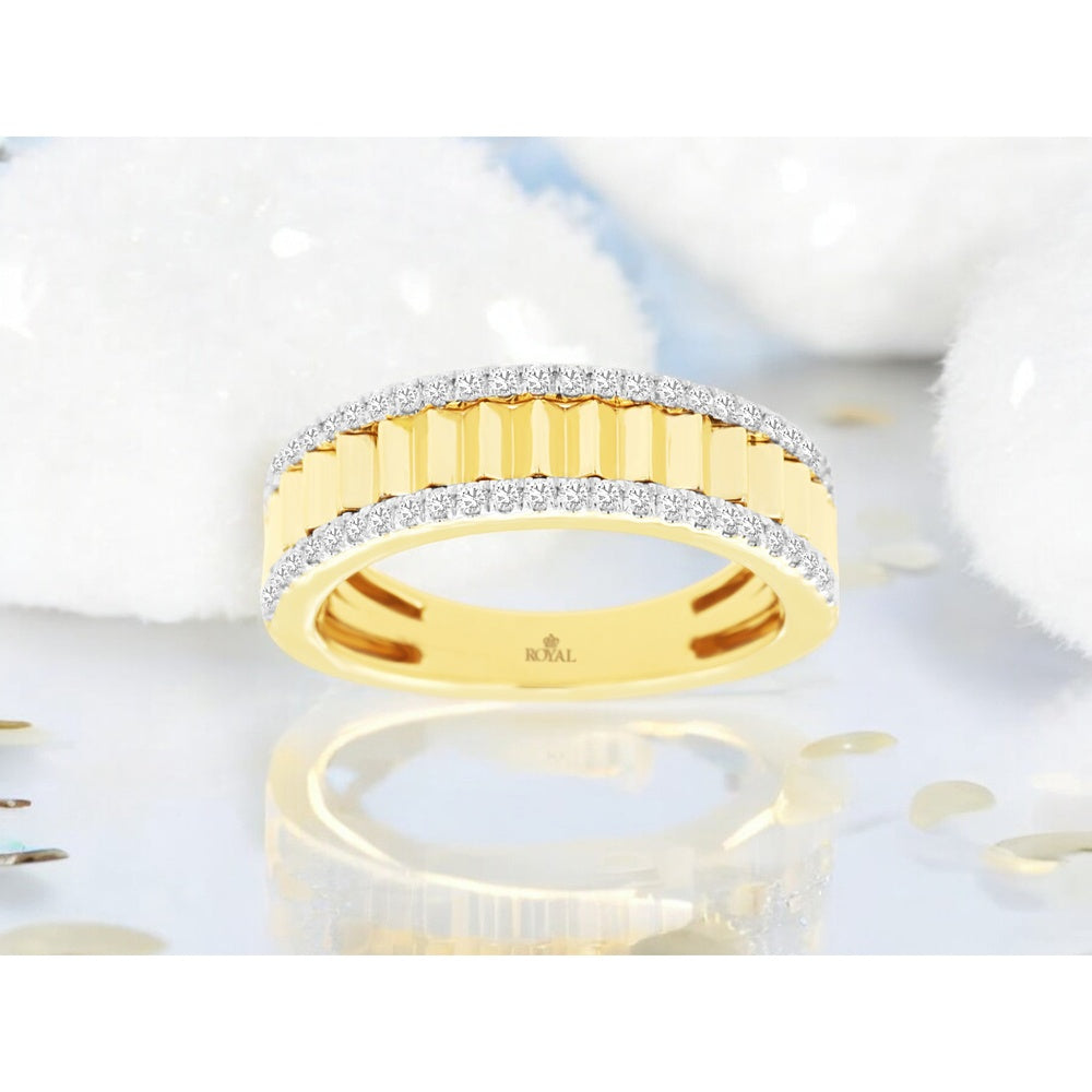 14K Yellow Gold Wide Ribbed Wedding Band with Pavé Set Round Diamonds - 0.35 Carat Total Diamond Weight - Royal Jewelry