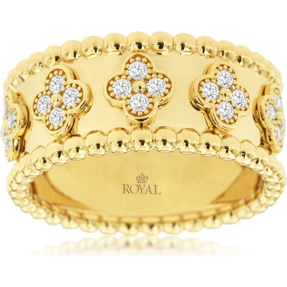 14K Yellow Gold Wide Wedding Band with Beaded Edge and Floral Diamond Motif - 0.25 Carat Total Diamond Weight - Royal Jewelry