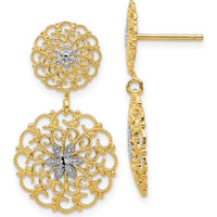 14K Yellow Gold with Rhodium Diamond-Cut Filigree Medallion Drop Earrings by Oro Pregiato