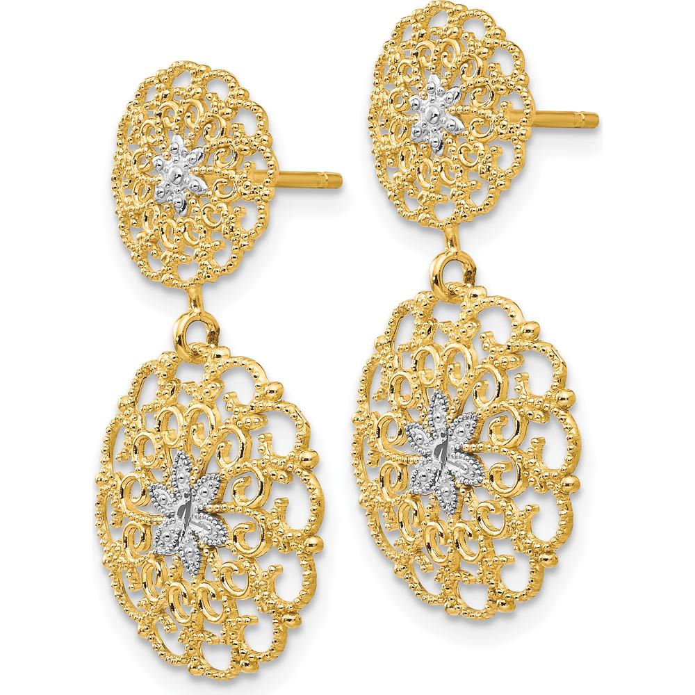 14K Yellow Gold with Rhodium Diamond-Cut Filigree Medallion Drop Earrings by Oro Pregiato