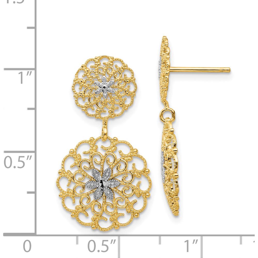 14K Yellow Gold with Rhodium Diamond-Cut Filigree Medallion Drop Earrings by Oro Pregiato