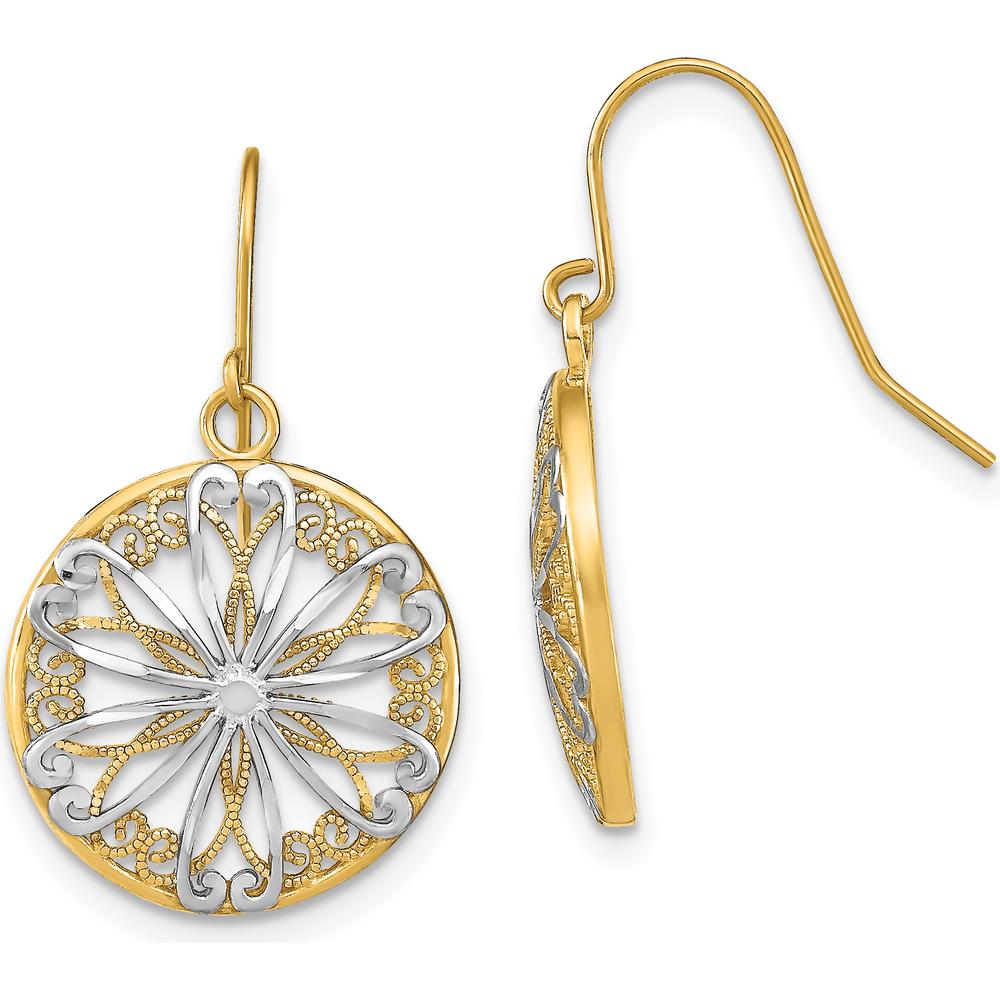 14K Yellow Gold with Rhodium Filigree Medallion Dangle Earrings with French Wire Hooks by 0