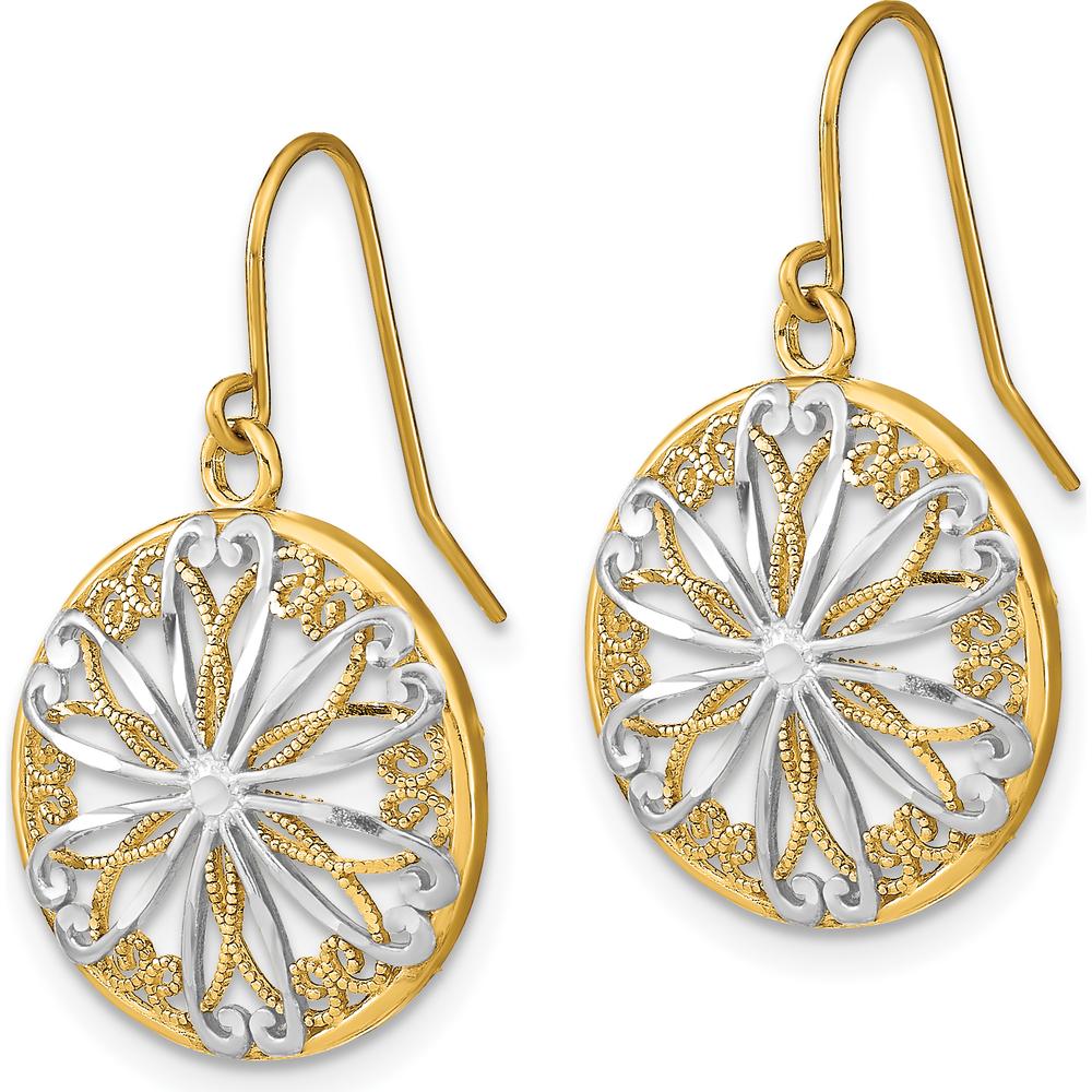 14K Yellow Gold with Rhodium Filigree Medallion Dangle Earrings with French Wire Hooks by 0