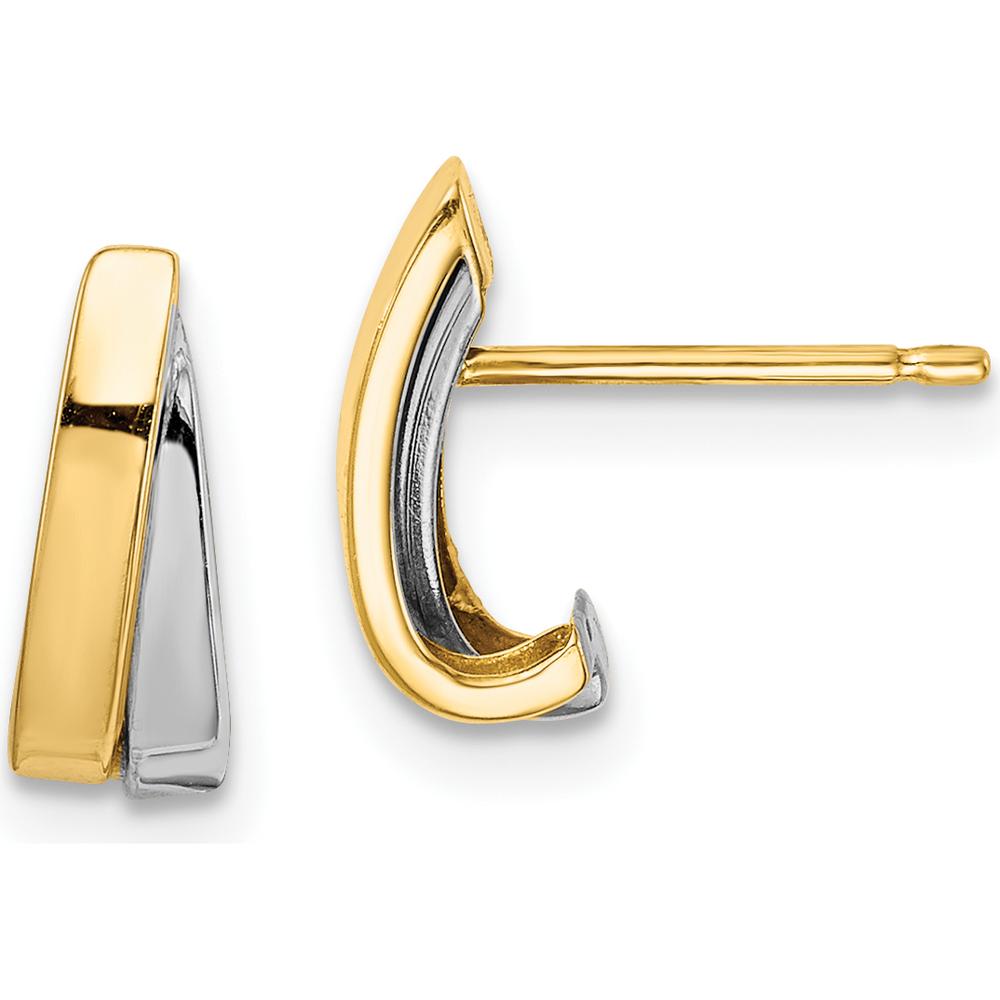 14K Yellow Gold with Rhodium Polished J-Hoop Post Earrings - Elegant Design for Women by 0