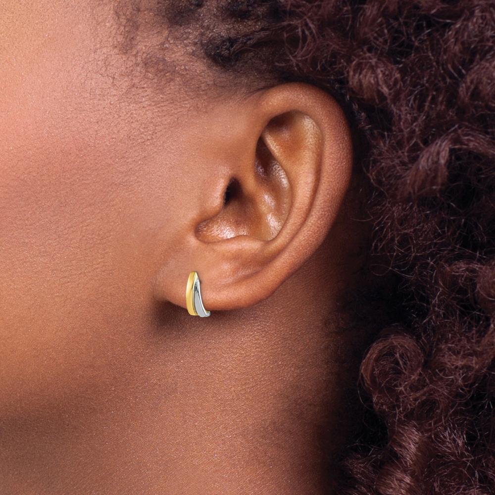 14K Yellow Gold with Rhodium Polished J-Hoop Post Earrings - Elegant Design for Women by 0