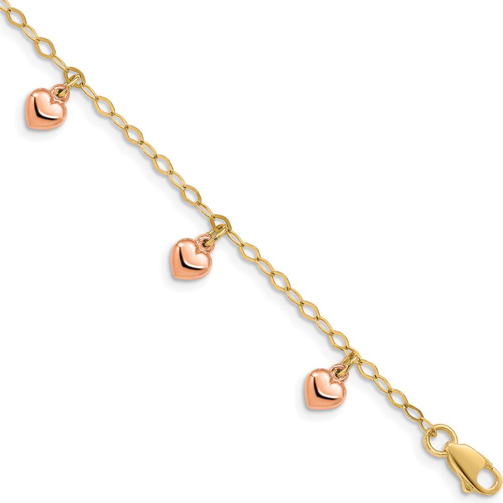 14K Yellow Gold with Rose Gold Hearts Child's Puffed Heart Charm Bracelet - Two-Tone Design by Oro Pregiato