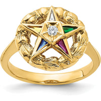 14K Yellow Gold Women’s Polished and Textured Eastern Star Masonic Ring with Multi-Gemstone Accents by IBGoodman