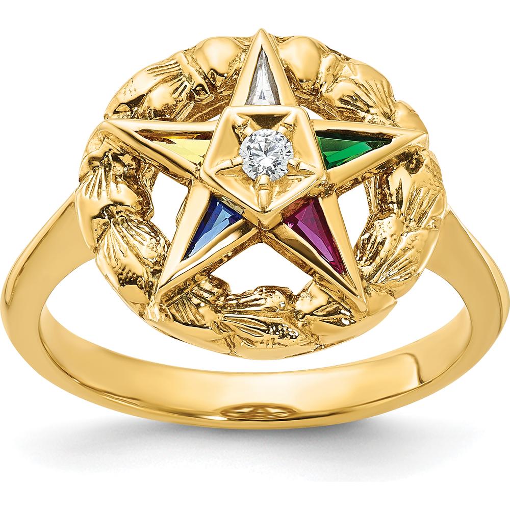 14K Yellow Gold Women’s Polished and Textured Eastern Star Masonic Ring with Multi-Gemstone Accents by IBGoodman