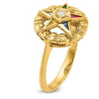14K Yellow Gold Women’s Polished and Textured Eastern Star Masonic Ring with Multi-Gemstone Accents by IBGoodman