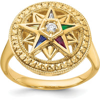 14K Yellow Gold Women's Polished and Textured Eastern Star Masonic Ring with Diamond, Ruby, Emerald, Sapphire, and Amethyst Stones by IBGoodman