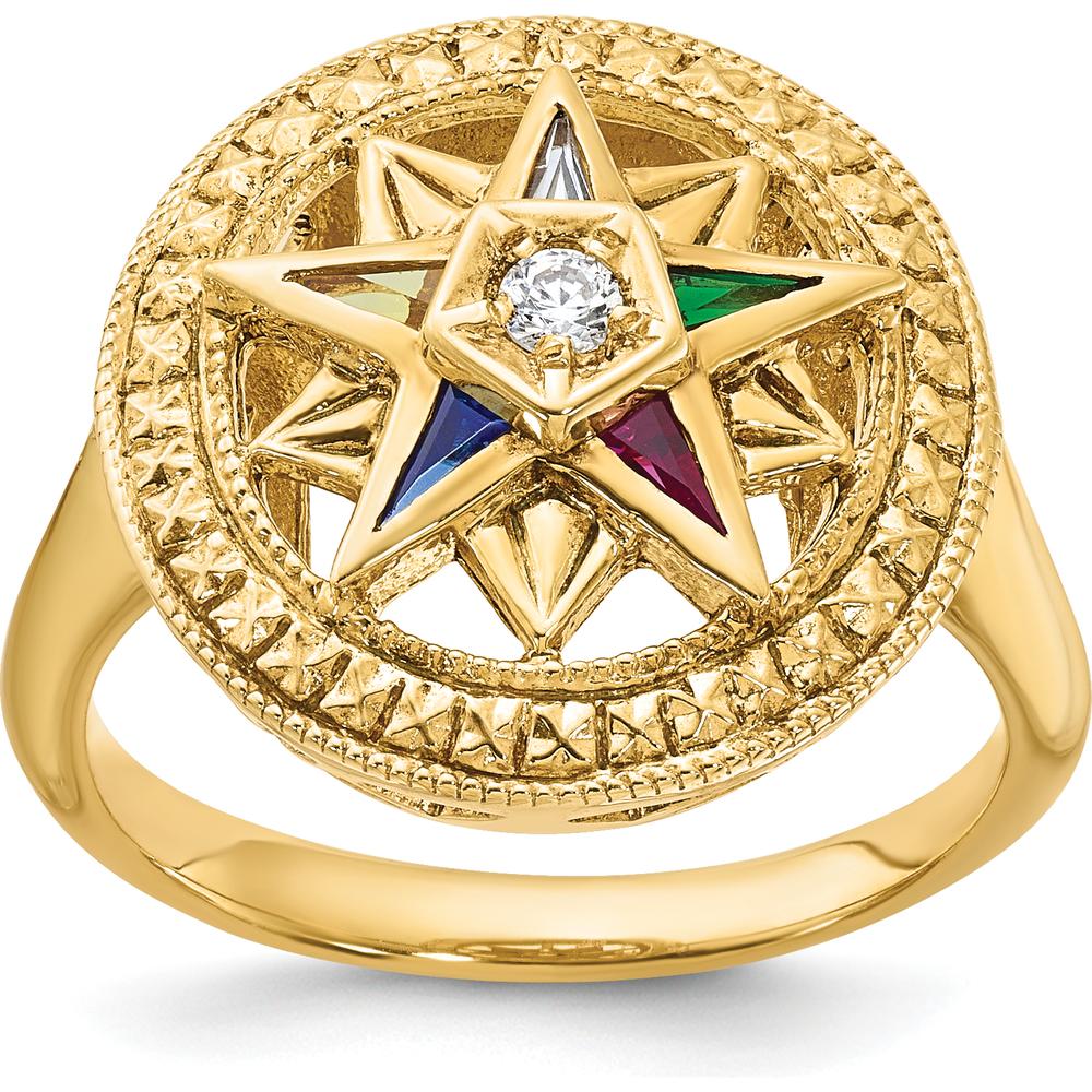 14K Yellow Gold Women's Polished and Textured Eastern Star Masonic Ring with Diamond, Ruby, Emerald, Sapphire, and Amethyst Stones by IBGoodman